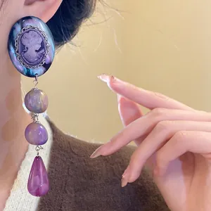 Vintage purple cameo drop earrings with elegant resin teardrop tassels and silver pins