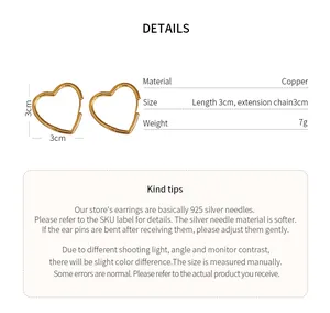 Detailed technical specifications and size guide for minimalist gold heart-shaped hoop earrings