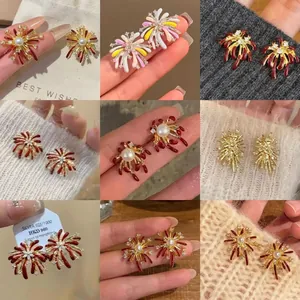 Orecchini a Bottone a Forma di Fiore di Fuochi d'Artificio per Donna Con Perno in Argento Sterling 925 Lega Strass Perla Artificiale Rosso Oro