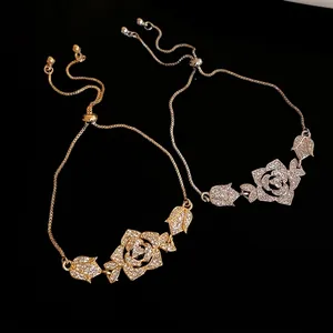 Vintage premium zircon flower charm bracelet with adjustable slider chain for women.