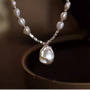 Elegant French baroque irregular teardrop pearl necklace with silver beads for women