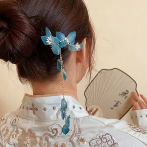 New Chinese Style Blue Flower Tassel Hairpin Elegant Glazed Glass Handmade Hair Stick Retro National Style Women Hair Accessory