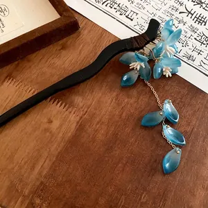 Elegant New Chinese style hair stick with blue flower tassels and dark wooden base