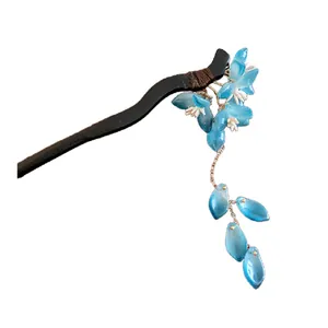 Elegant New Chinese style hair stick featuring delicate blue flowers and hanging tassels