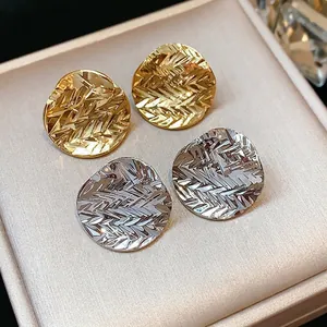 18K Gold Plated Wrinkled Round Stud Earrings For Women Minimalist Geometric Texture Copper Jewelry With 925 Sterling Silver Post