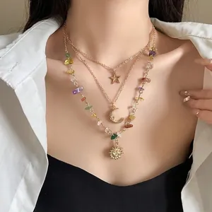 Vintage Gold Alloy Layered Necklace With Sun Moon Star Pendants And Colorful Crushed Stones For Women Fashion Jewelry