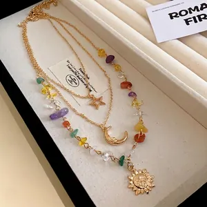 Multilayer sun moon and star necklace with vibrant colorful natural stone chips