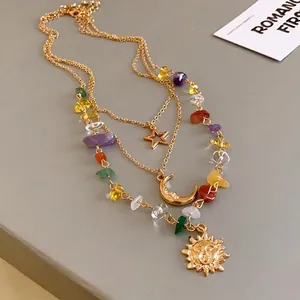 Vintage sun moon and star pendant necklace with colorful natural stones on gold chain