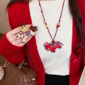 Vintage Ethnic Horse Embroidery Pendant Necklace Handmade Wood Resin Beaded Sweater Chain Long Fashion Women Jewelry Gift