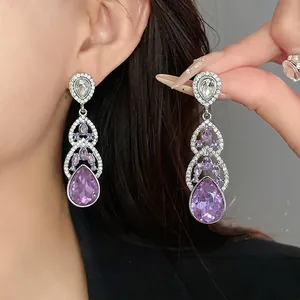 Luxury Alloy Rhinestone Teardrop Tassel Dangle Earrings For Women With Silver Earring Post Purple Waterdrop Jewelry Gift