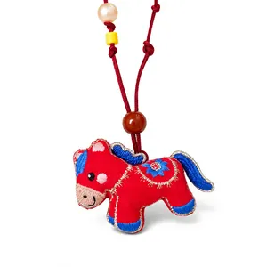 Handmade red embroidered horse pendant necklace with colorful resin beads and red cord