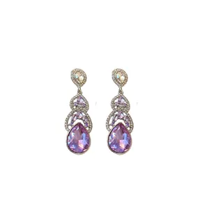 Elegant long silver needle drop earrings with purple pear-shaped crystals and pavé diamonds
