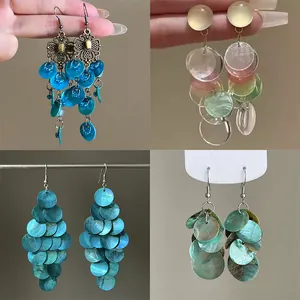 Pendientes Largos de Borla de Aleación de Concha Bohemia para Mujer Pendientes Florales Vintage de Concha Plata de Ley 925