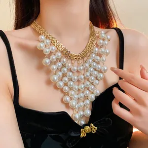 French Palace Vintage Style Artificial Pearl Tassel Necklace Gold Alloy Letter Pendant Fringe Clavicle Chain Jewelry For Women