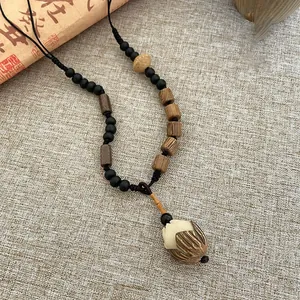 Vintage ethnic style long wood bead necklace with lotus pinecone pendant for women