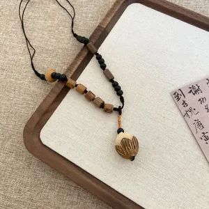Vintage ethnic style pine nut wooden bead pendant necklace with long cord for women