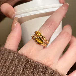 Vintage 18k gold plated open ring set with tiger eye stone and yellow zircon details