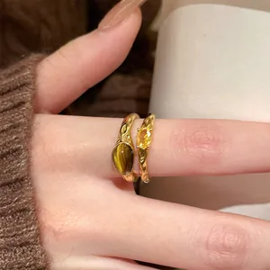 Vintage 18K Gold Plated Tiger Eye And Zirconia Open Ring For Women Retro Hammered Adjustable Light Luxury Jewelry Gift