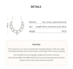 Infographic showing necklace materials, size, and weight with water drop pendant details.