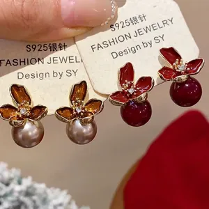 Pendientes de Botón de Flor de Goteo de Aceite Vintage Con Poste de Plata de Ley 925 Perla Artificial Strass Joyería de Lujo Ligero para Mujer Boda Fiesta