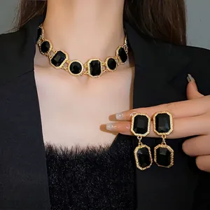 European Exaggerated Square Geometric Crystal Necklace Earrings Retro Court Style Gold Plated Rhinestone Jewelry For Women