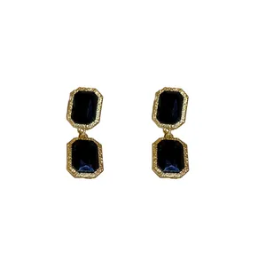 Elegant vintage rectangular crystal drop earrings with textured gold frame for stylish women