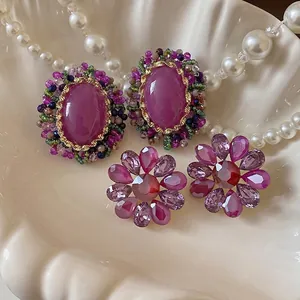 Pendientes de Botón de Flor Ovalados Vintage Para Mujer Con Poste de Plata de Ley 925 Rojo Rosa Diamantes de Imitación Joyería