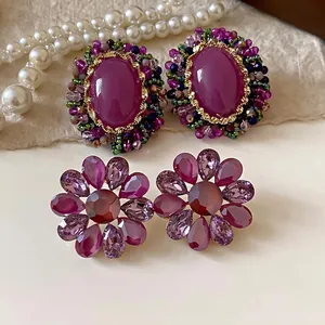 Pendientes vintage de cristal ovalados y en forma de flor con gemas moradas y agujas de plata
