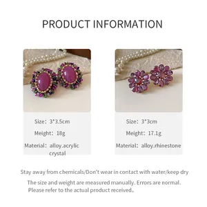 Especificaciones detalladas de pendientes vintage de cristal morado y forma de flor.