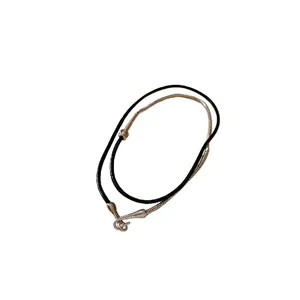 Punk style black leather cord and silver snake chain necklace with irregular hook clasp