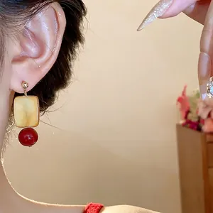 Vintage New Chinese style stud earrings with sugar cube and red glass bead