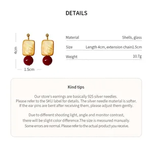 Detailed product specifications for vintage-style square shell and red glass bead drop earrings.