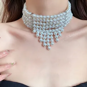 French Vintage Palace Style Five-Layer Artificial Pearl Tassel Necklace Alloy Rhinestone Clavicle Chain For Women Banquet Jewelry