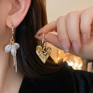 Vintage Asymmetric Heart Tassel Earrings With 925 Sterling Silver Earring Post Artificial Pearl Rhinestone Drop Earrings Jewelry For Women