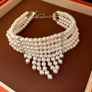 Elegant 5-layer faux pearl tassel necklace with French vintage court style for women