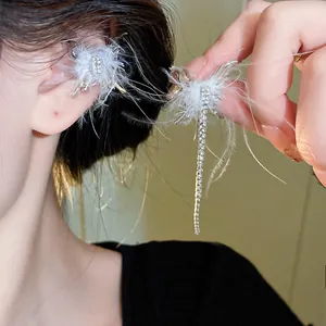 Elegant Feather Artificial Pearl Tassel Ear Cuffs Long Copper Rhinestone Earring Clips With 925 Sterling Silver Earring Post For Women Wedding Party Jewelry