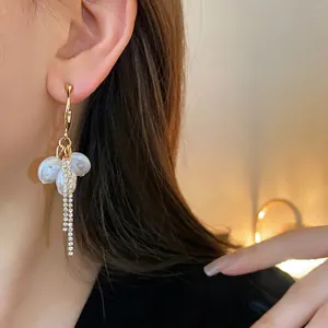 Elegant pearl and rhinestone dangle tassel earrings with S925 silver needle in gold finish