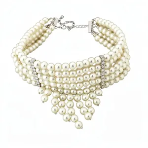 Elegant five-layer vintage pearl necklace with fringe tassel and sparkling rhinestone accents