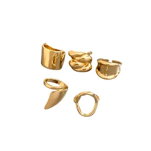 Minimalist set of 5 irregular geometric open rings in premium luxury gold finish