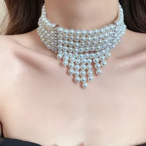 Close-up of five-layer pearl fringe necklace in elegant French retro style