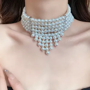 Vintage 5-layer pearl tassel choker necklace with French court style elegance for women.
