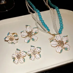 Vintage Alloy Enamel Flower Pendant Necklace Set With Artificial Pearl Blue Rhinestone Clavicle Chain Jewelry For Women