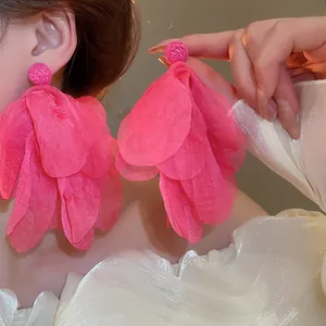 Large elegant pink chiffon flower petal earrings with beautiful fabric tassel drops