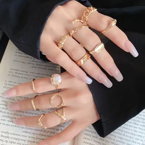 Close-up detail of elegant gold-toned geometric adjustable rings set on model's hands