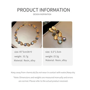 Detailed product specs for vintage resin necklace and earrings in gold-tone alloy