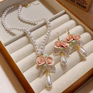 Französische Vintage Keramik Rosa Blume Ohrhänger Für Damen Elegante Künstliche Perle Schleife Ohrringe Süßer Schmuck
