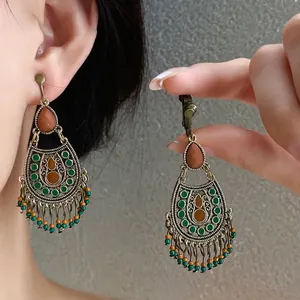 Vintage Ethnic Style Water Drop Drip Oil Seed Bead Tassel Earrings For Women Bohemian Retro Alloy Resin Jewelry Gift