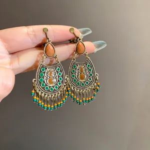 Vintage ethnic style enamel water drop earrings with colorful bead tassels for women