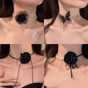 Women's Butterfly Flower Choker Necklace Elegant Artificial Pearl Rhinestone Pendant Lace Ribbon Neck Chain Fashion Jewelry