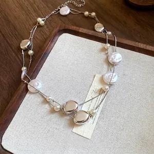 Minimalist French vintage double-layered pearl necklace with silver-tone irregular beads